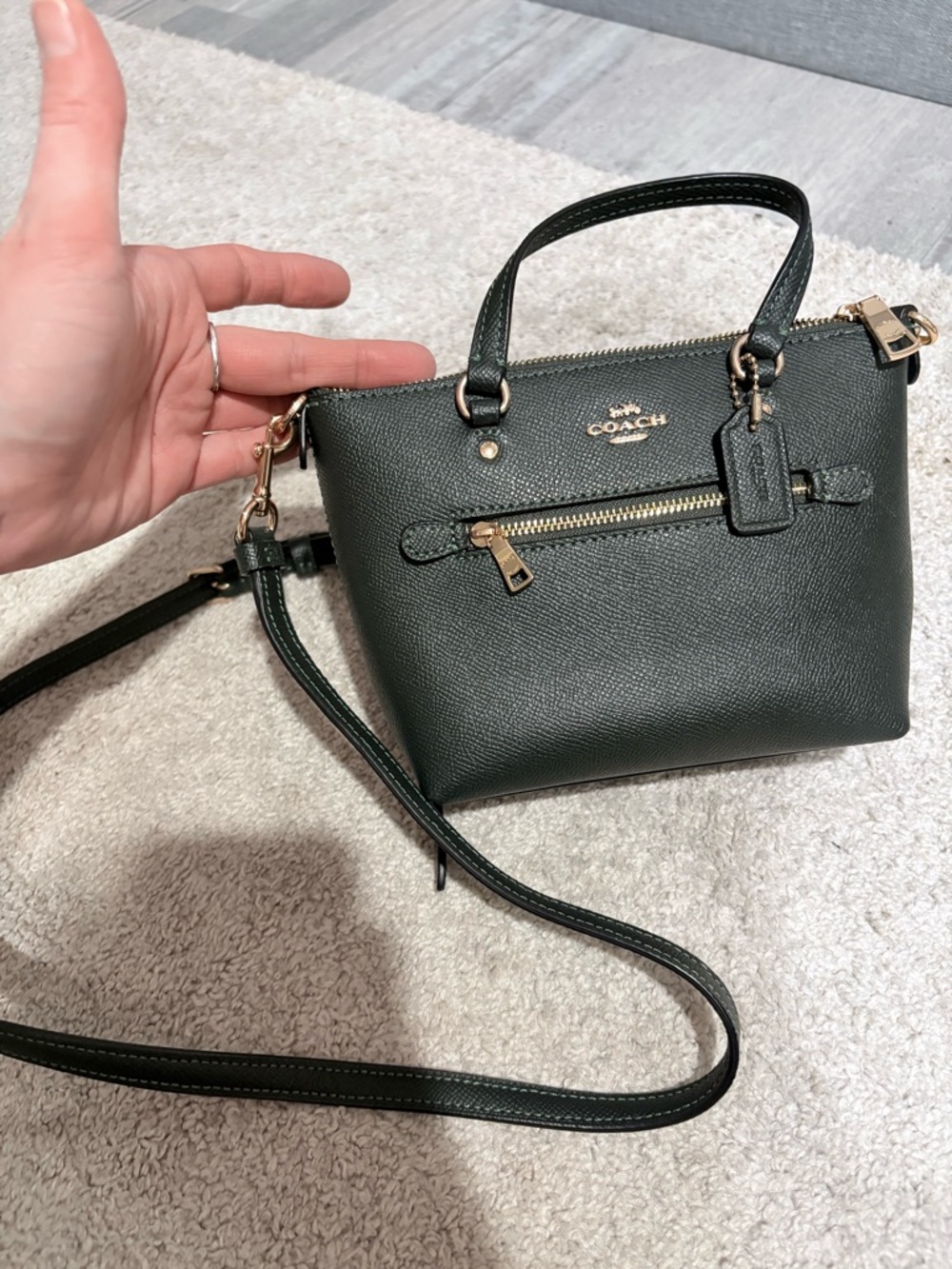 Coach Pebbled Leather Mini Crossbody in Dark Green with Gold Hardware